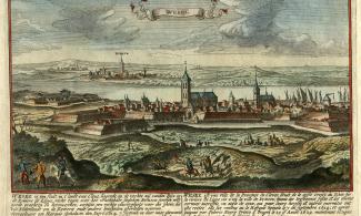 Wesel um 1672, im Hintergrund Büderich und Rheinberg. Radierung von Jan Peeters und Gaspar Bouttats