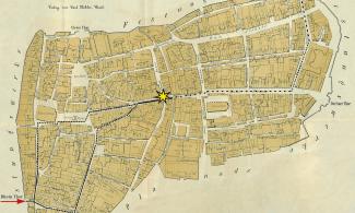 Stadtplan von 1883 mit wahrscheinlicher Route des Pulvertransports, den zerstörten Häusern und dem Ort der Explosion
