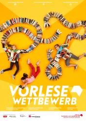 Plakat Vorlesewettbewerb 2021 Das Bild zeigt viele Kinder mit Büchern.