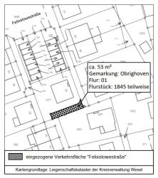 Lageplan mit markierter Fläche, die eingezogen wird Lageplan zur Einziehung des Teilstücks der Felixstowestraße